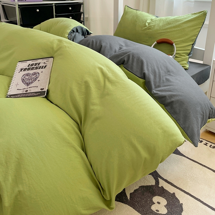 91家纺网 家纺一手货源 找家纺 梦卓家纺 2025新款学生宿舍上下铺纯色水洗棉三件套 芥末绿深灰