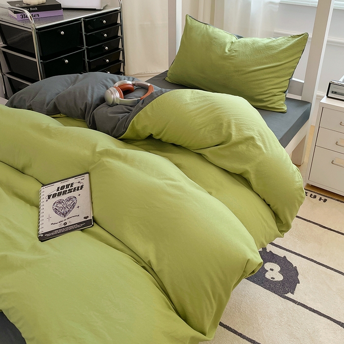 91家纺网 家纺一手货源 找家纺 梦卓家纺 2025新款学生宿舍上下铺纯色水洗棉三件套 芥末绿深灰