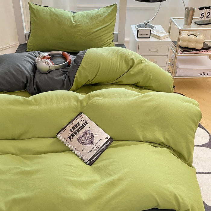 91家纺网 家纺一手货源 找家纺 梦卓家纺 2025新款学生宿舍上下铺纯色水洗棉三件套 芥末绿深灰