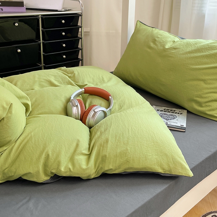 91家纺网 家纺一手货源 找家纺 梦卓家纺 2025新款学生宿舍上下铺纯色水洗棉三件套 芥末绿深灰