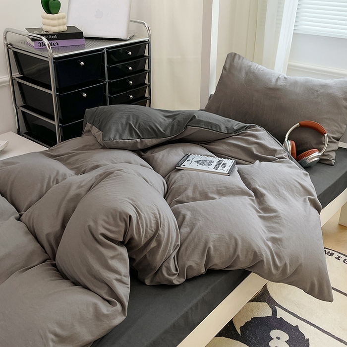 91家纺网 家纺一手货源 找家纺 梦卓家纺 2025新款学生宿舍上下铺纯色水洗棉三件套 魅影深灰