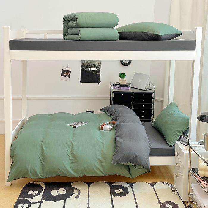 91家纺网 家纺一手货源 找家纺 梦卓家纺 2025新款学生宿舍上下铺纯色水洗棉三件套 抹茶绿深灰