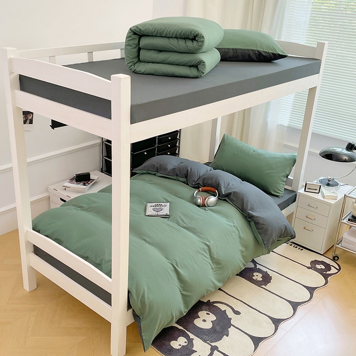 91家纺网 家纺一手货源 找家纺 梦卓家纺 2025新款学生宿舍上下铺纯色水洗棉三件套 抹茶绿深灰