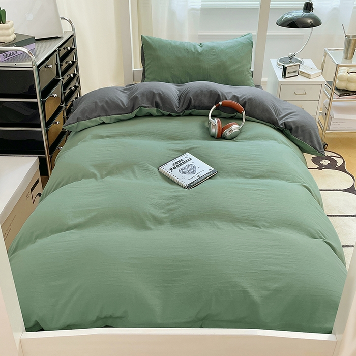 91家纺网 家纺一手货源 找家纺 梦卓家纺 2025新款学生宿舍上下铺纯色水洗棉三件套 抹茶绿深灰