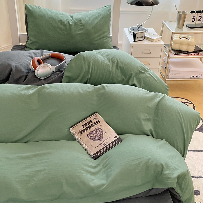 91家纺网 家纺一手货源 找家纺 梦卓家纺 2025新款学生宿舍上下铺纯色水洗棉三件套 抹茶绿深灰