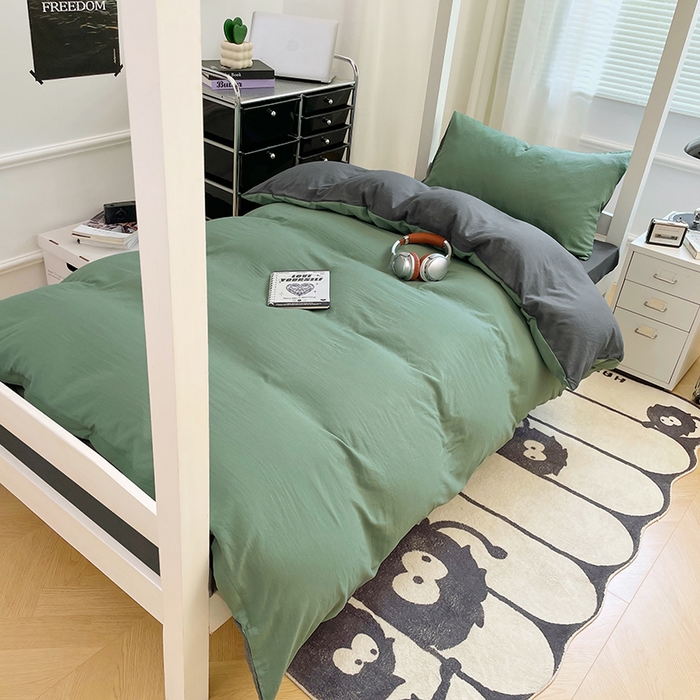91家纺网 家纺一手货源 找家纺 梦卓家纺 2025新款学生宿舍上下铺纯色水洗棉三件套 抹茶绿深灰