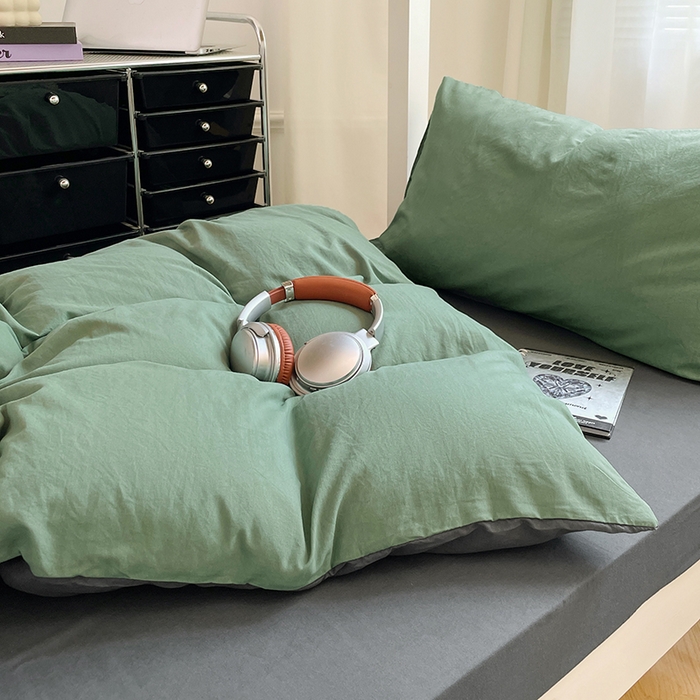 91家纺网 家纺一手货源 找家纺 梦卓家纺 2025新款学生宿舍上下铺纯色水洗棉三件套 抹茶绿深灰