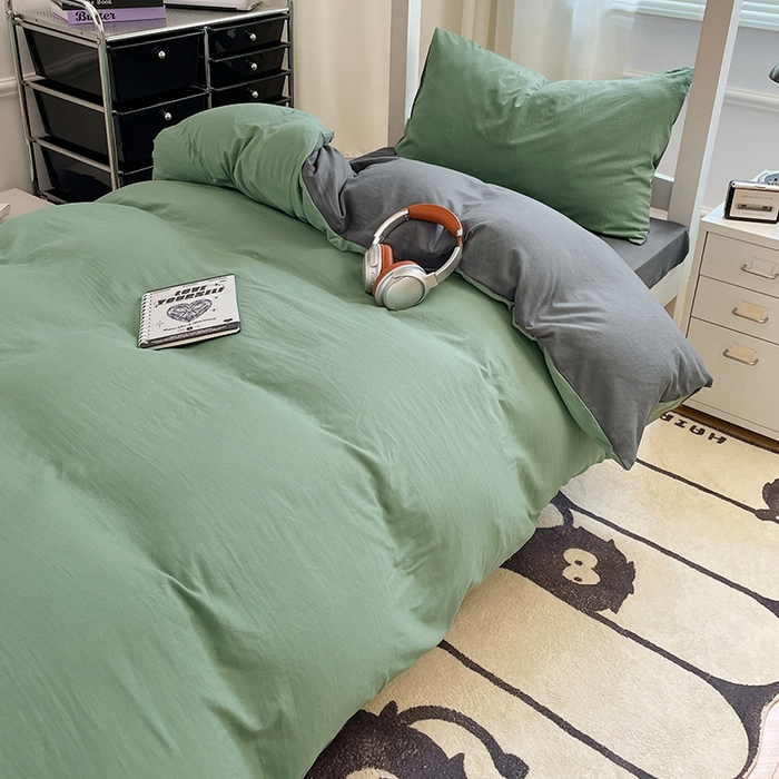 91家纺网 家纺一手货源 找家纺 梦卓家纺 2025新款学生宿舍上下铺纯色水洗棉三件套 抹茶绿深灰