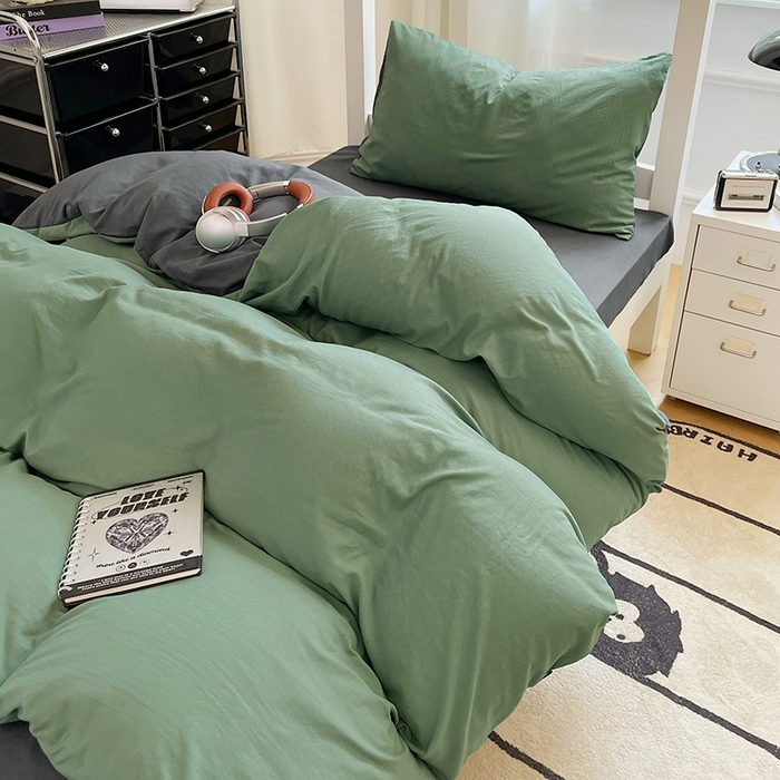 91家纺网 家纺一手货源 找家纺 梦卓家纺 2025新款学生宿舍上下铺纯色水洗棉三件套 抹茶绿深灰