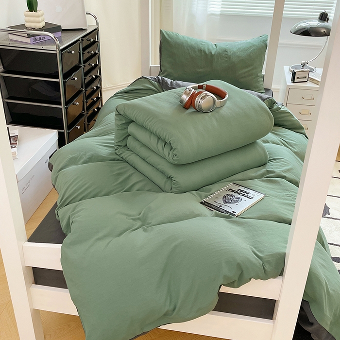 91家纺网 家纺一手货源 找家纺 梦卓家纺 2025新款学生宿舍上下铺纯色水洗棉三件套 抹茶绿深灰