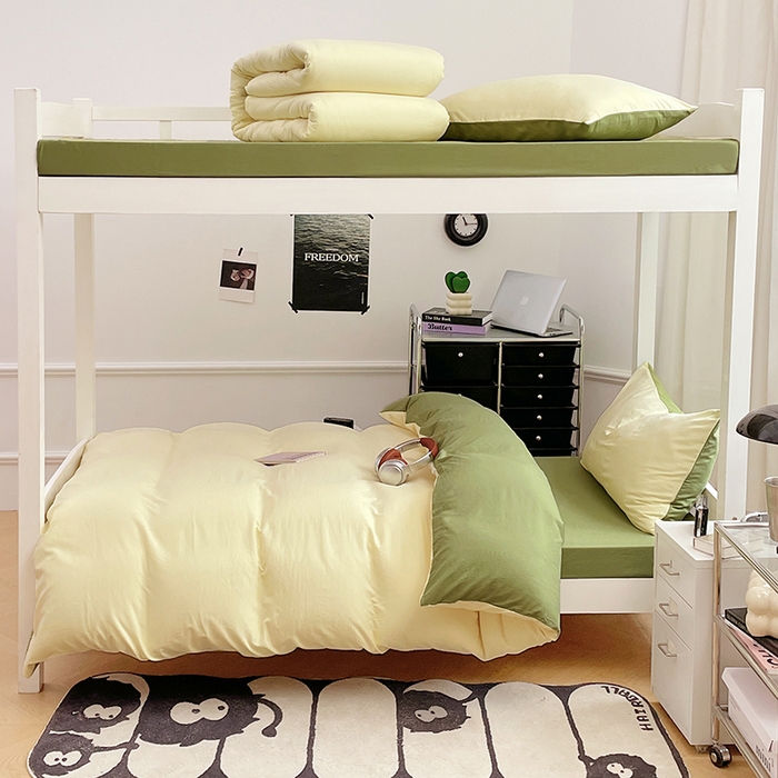 91家纺网 家纺一手货源 找家纺 梦卓家纺 2025新款学生宿舍上下铺纯色水洗棉三件套 奶黄芥末绿