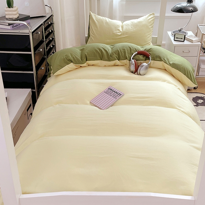 91家纺网 家纺一手货源 找家纺 梦卓家纺 2025新款学生宿舍上下铺纯色水洗棉三件套 奶黄芥末绿