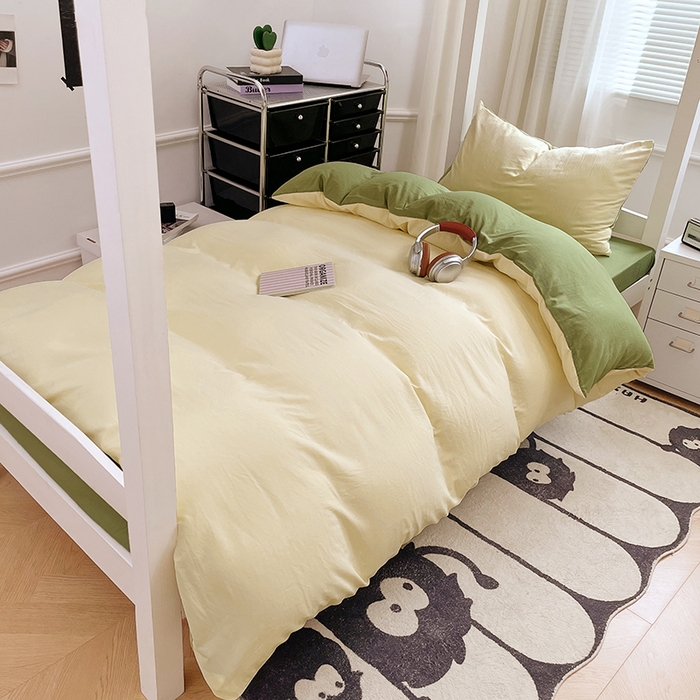 91家纺网 家纺一手货源 找家纺 梦卓家纺 2025新款学生宿舍上下铺纯色水洗棉三件套 奶黄芥末绿