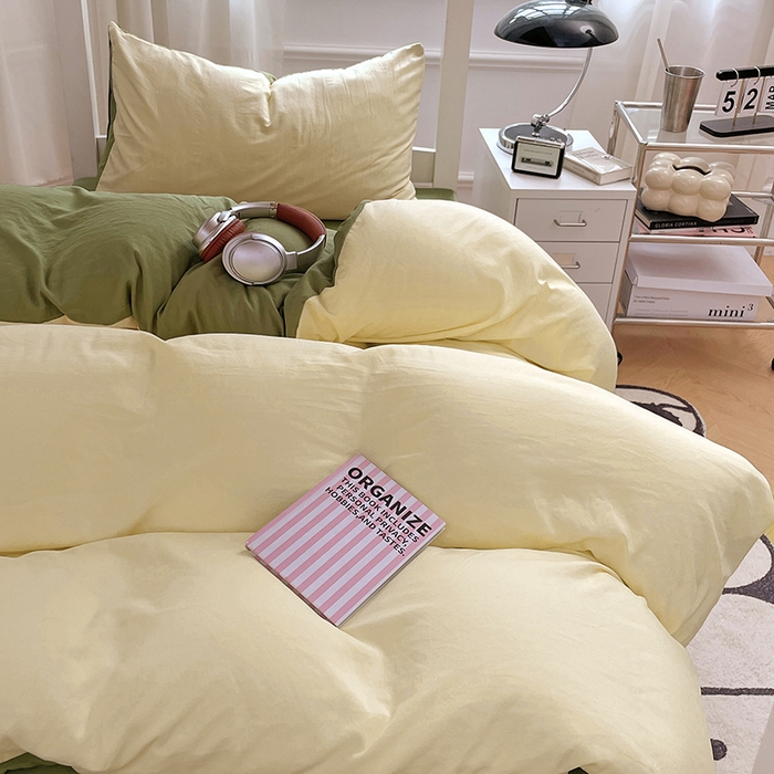 91家纺网 家纺一手货源 找家纺 梦卓家纺 2025新款学生宿舍上下铺纯色水洗棉三件套 奶黄芥末绿