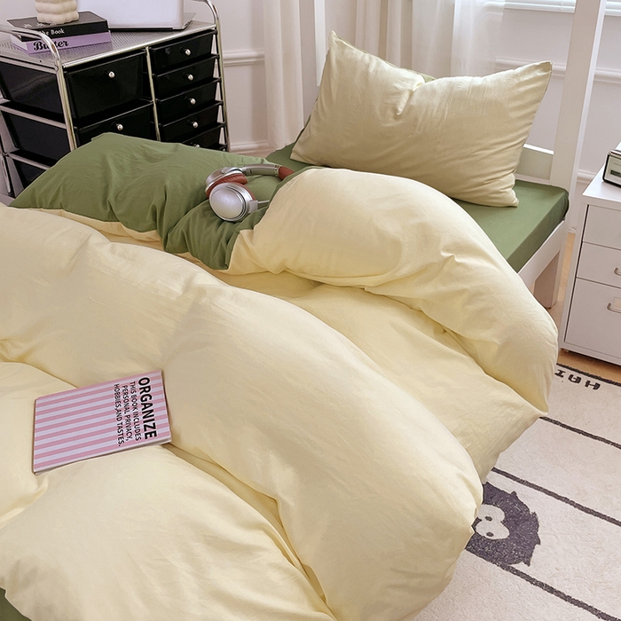 91家纺网 家纺一手货源 找家纺 梦卓家纺 2025新款学生宿舍上下铺纯色水洗棉三件套 奶黄芥末绿