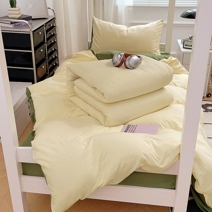 91家纺网 家纺一手货源 找家纺 梦卓家纺 2025新款学生宿舍上下铺纯色水洗棉三件套 奶黄芥末绿