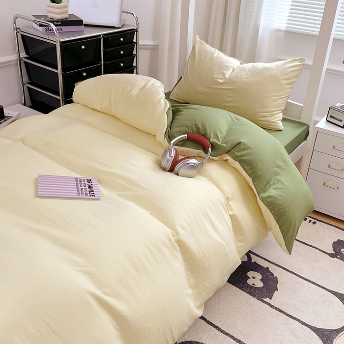 91家纺网 家纺一手货源 找家纺 梦卓家纺 2025新款学生宿舍上下铺纯色水洗棉三件套 奶黄芥末绿