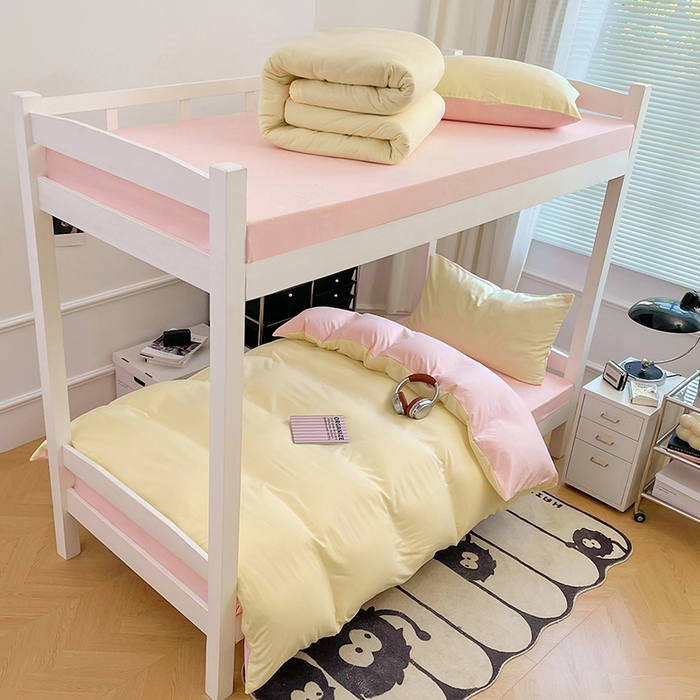 91家纺网 家纺一手货源 找家纺 梦卓家纺 2025新款学生宿舍上下铺纯色水洗棉三件套 奶黄水粉