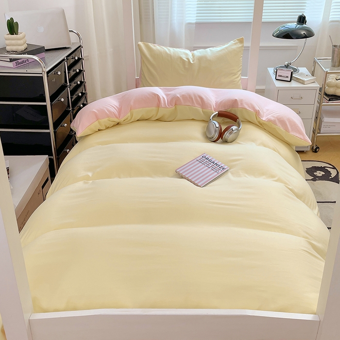 91家纺网 家纺一手货源 找家纺 梦卓家纺 2025新款学生宿舍上下铺纯色水洗棉三件套 奶黄水粉