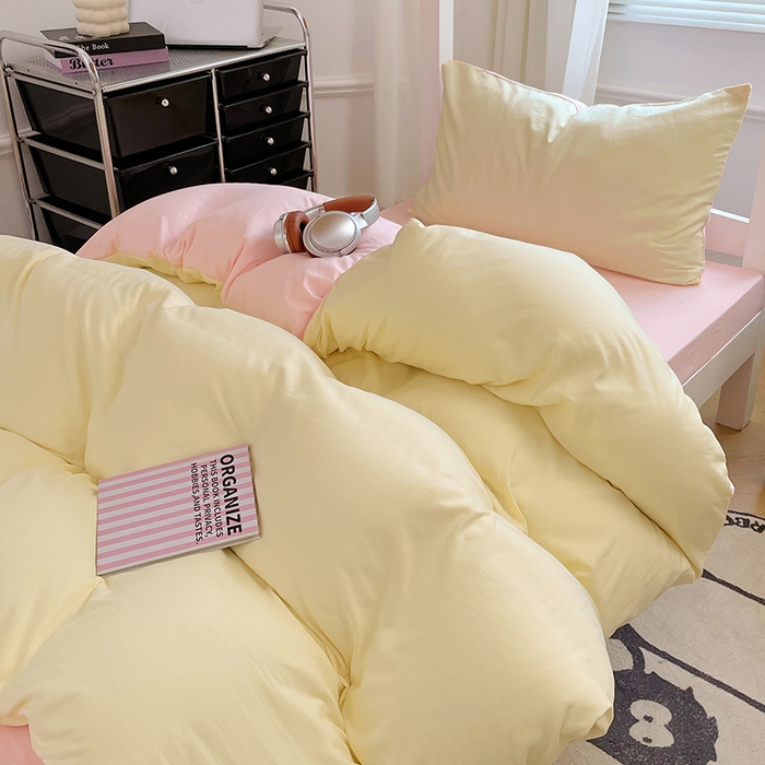 91家纺网 家纺一手货源 找家纺 梦卓家纺 2025新款学生宿舍上下铺纯色水洗棉三件套 奶黄水粉