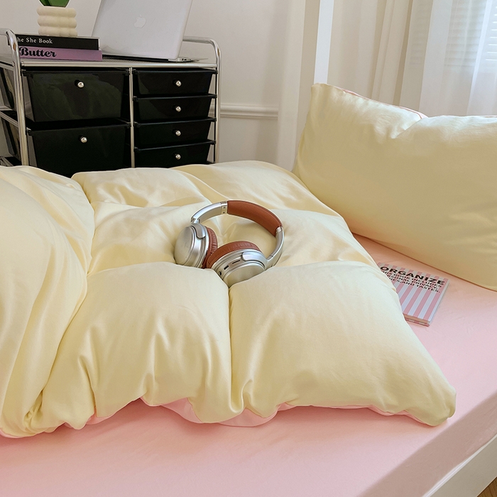91家纺网 家纺一手货源 找家纺 梦卓家纺 2025新款学生宿舍上下铺纯色水洗棉三件套 奶黄水粉