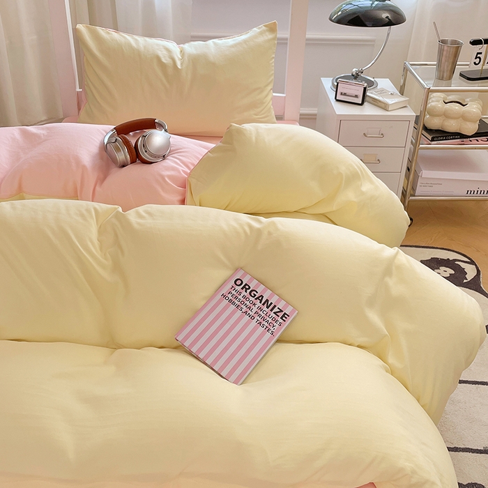 91家纺网 家纺一手货源 找家纺 梦卓家纺 2025新款学生宿舍上下铺纯色水洗棉三件套 奶黄水粉