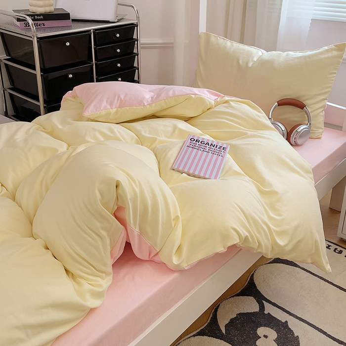 91家纺网 家纺一手货源 找家纺 梦卓家纺 2025新款学生宿舍上下铺纯色水洗棉三件套 奶黄水粉