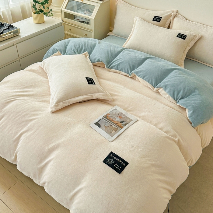 91家纺网 家纺一手货源 找家纺 莱越家纺 2025新款高克重牛奶绒纯色贴标款四件套（8斤重） 贴标-米白+天蓝