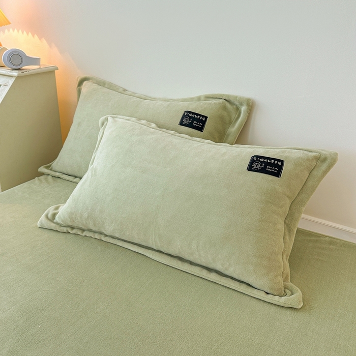 91家纺网 家纺一手货源 找家纺 莱越家纺 2025新款高克重牛奶绒纯色贴标款四件套（8斤重） 贴标-牛奶果绿