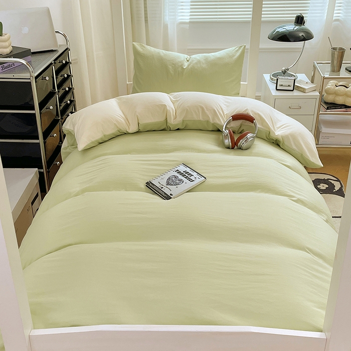 91家纺网 家纺一手货源 找家纺 梦卓家纺 2025新款学生宿舍上下铺纯色水洗棉三件套 奶酪薄荷