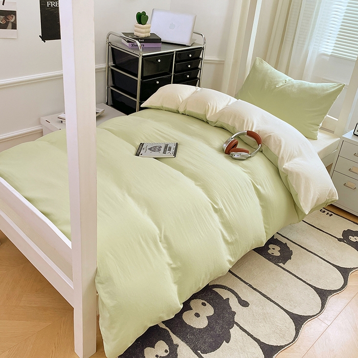 91家纺网 家纺一手货源 找家纺 梦卓家纺 2025新款学生宿舍上下铺纯色水洗棉三件套 奶酪薄荷