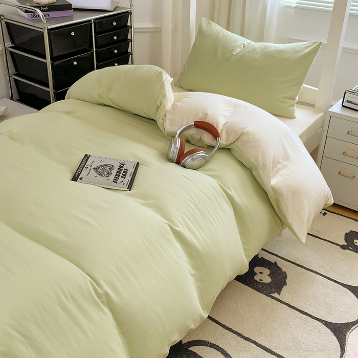 91家纺网 家纺一手货源 找家纺 梦卓家纺 2025新款学生宿舍上下铺纯色水洗棉三件套 奶酪薄荷