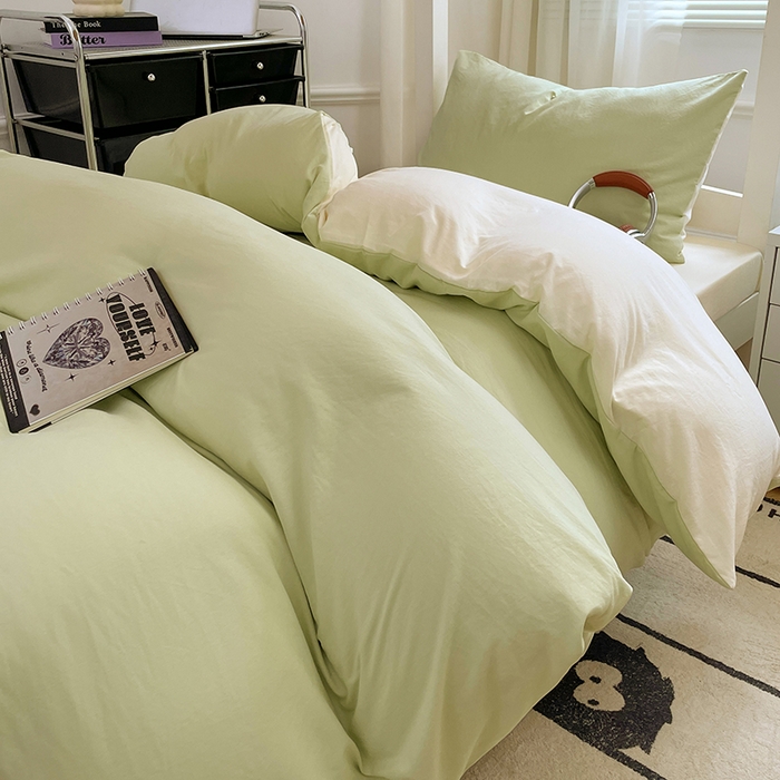 91家纺网 家纺一手货源 找家纺 梦卓家纺 2025新款学生宿舍上下铺纯色水洗棉三件套 奶酪薄荷