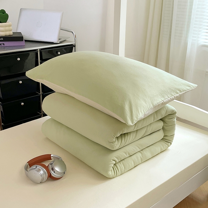 91家纺网 家纺一手货源 找家纺 梦卓家纺 2025新款学生宿舍上下铺纯色水洗棉三件套 奶酪薄荷