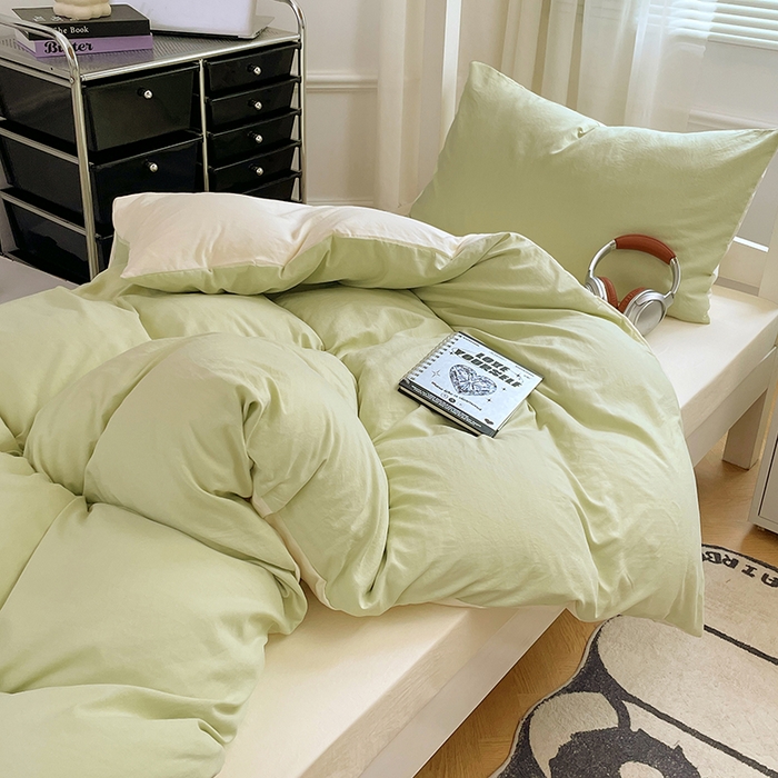 91家纺网 家纺一手货源 找家纺 梦卓家纺 2025新款学生宿舍上下铺纯色水洗棉三件套 奶酪薄荷