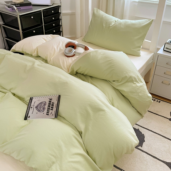 91家纺网 家纺一手货源 找家纺 梦卓家纺 2025新款学生宿舍上下铺纯色水洗棉三件套 奶酪薄荷