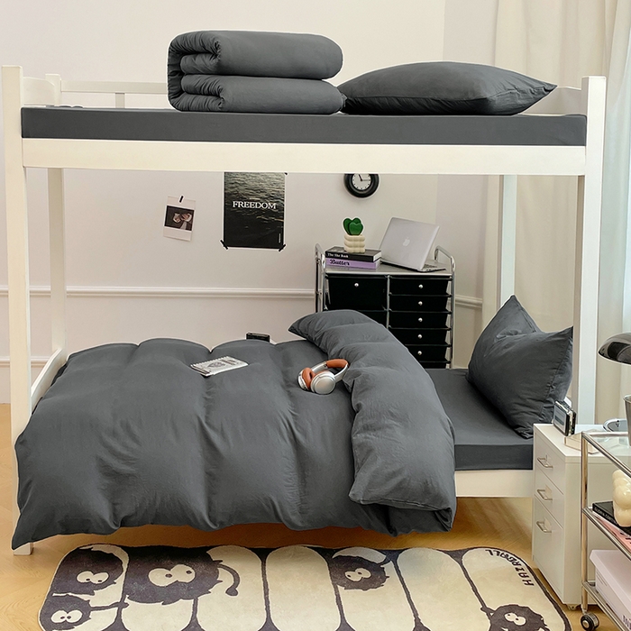 91家纺网 家纺一手货源 找家纺 梦卓家纺 2025新款学生宿舍上下铺纯色水洗棉三件套 深灰