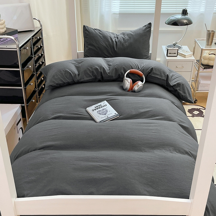 91家纺网 家纺一手货源 找家纺 梦卓家纺 2025新款学生宿舍上下铺纯色水洗棉三件套 深灰