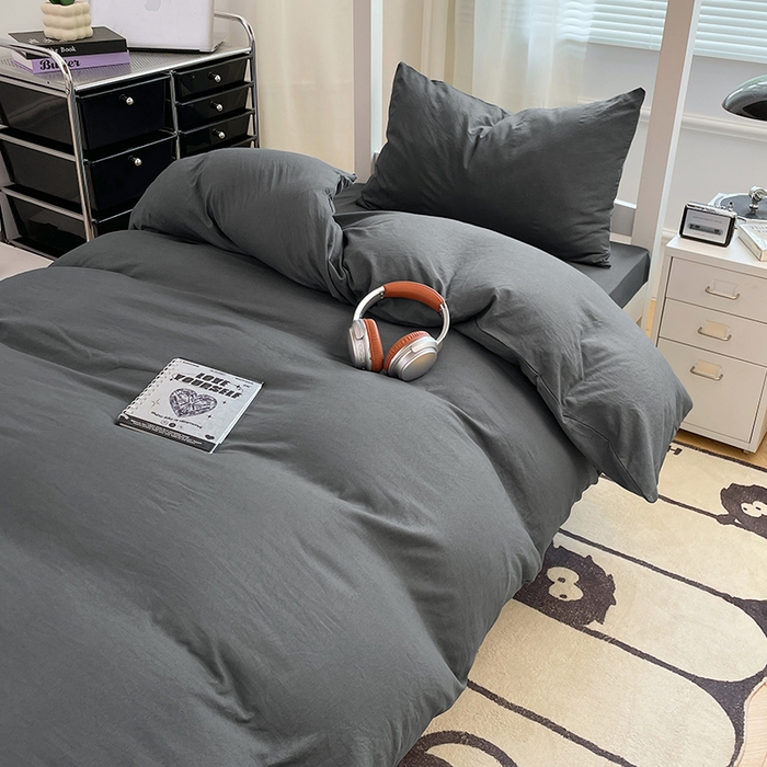 91家纺网 家纺一手货源 找家纺 梦卓家纺 2025新款学生宿舍上下铺纯色水洗棉三件套 深灰