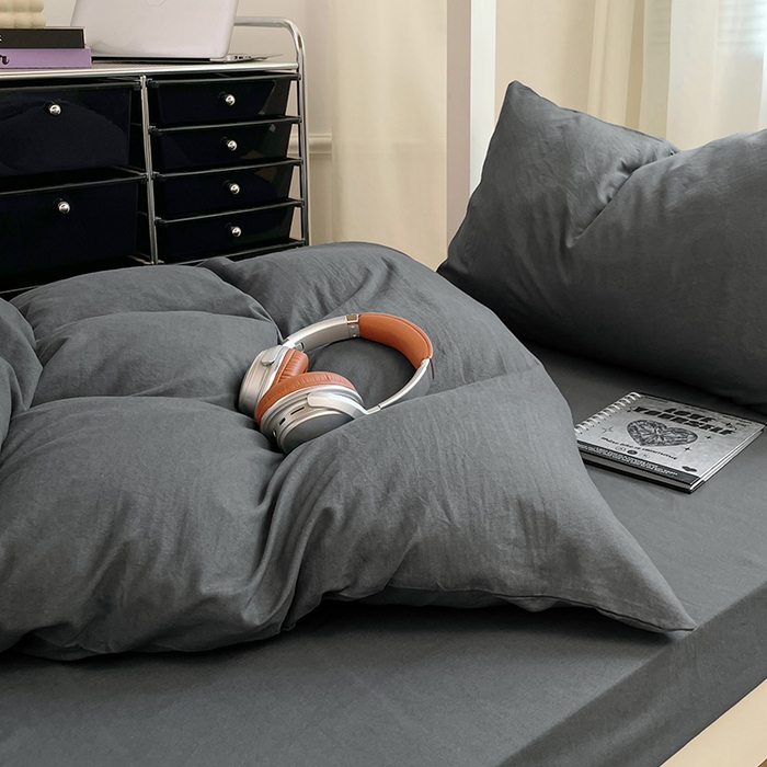 91家纺网 家纺一手货源 找家纺 梦卓家纺 2025新款学生宿舍上下铺纯色水洗棉三件套 深灰