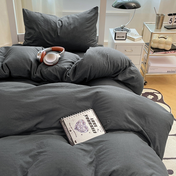 91家纺网 家纺一手货源 找家纺 梦卓家纺 2025新款学生宿舍上下铺纯色水洗棉三件套 深灰