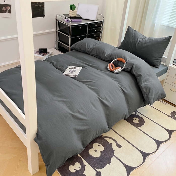 91家纺网 家纺一手货源 找家纺 梦卓家纺 2025新款学生宿舍上下铺纯色水洗棉三件套 深灰