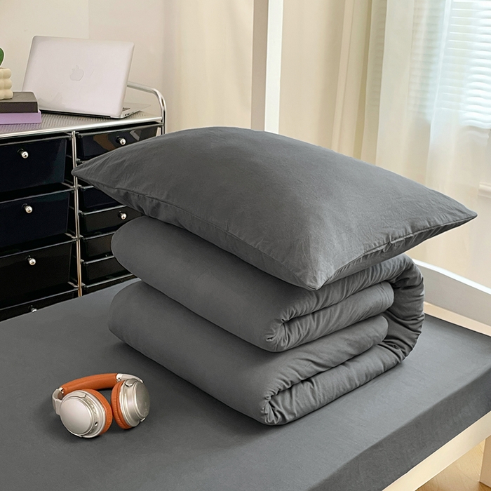 91家纺网 家纺一手货源 找家纺 梦卓家纺 2025新款学生宿舍上下铺纯色水洗棉三件套 深灰