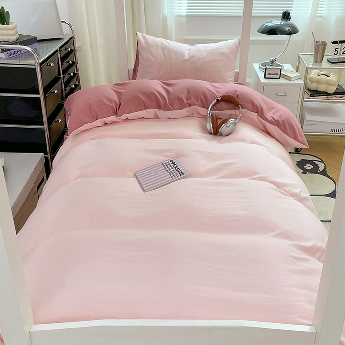 91家纺网 家纺一手货源 找家纺 梦卓家纺 2025新款学生宿舍上下铺纯色水洗棉三件套 水粉藕粉