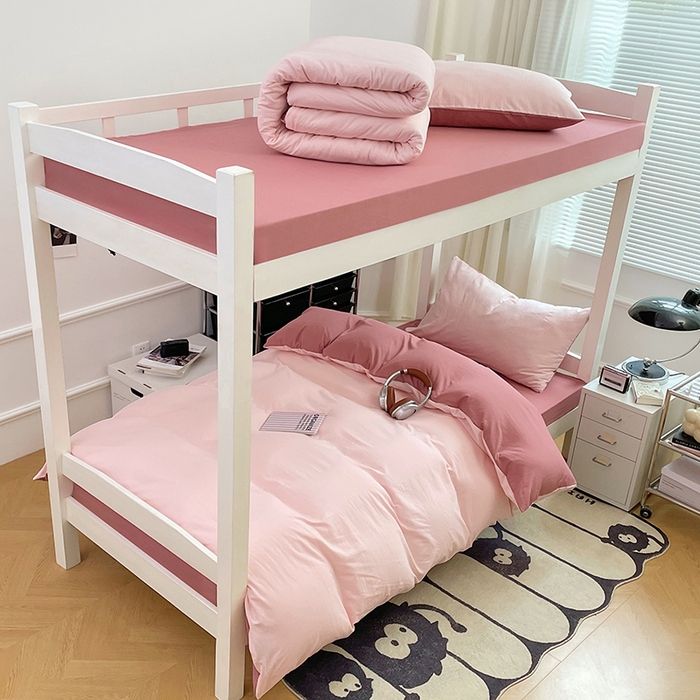 91家纺网 家纺一手货源 找家纺 梦卓家纺 2025新款学生宿舍上下铺纯色水洗棉三件套 水粉藕粉