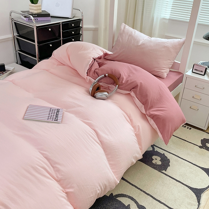 91家纺网 家纺一手货源 找家纺 梦卓家纺 2025新款学生宿舍上下铺纯色水洗棉三件套 水粉藕粉