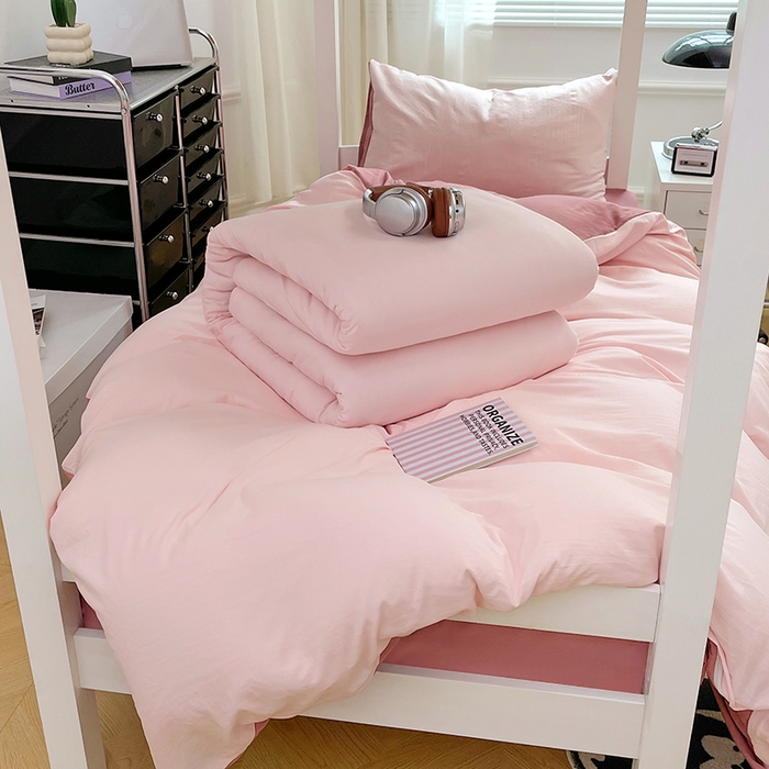 91家纺网 家纺一手货源 找家纺 梦卓家纺 2025新款学生宿舍上下铺纯色水洗棉三件套 水粉藕粉