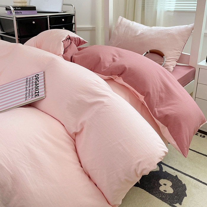 91家纺网 家纺一手货源 找家纺 梦卓家纺 2025新款学生宿舍上下铺纯色水洗棉三件套 水粉藕粉