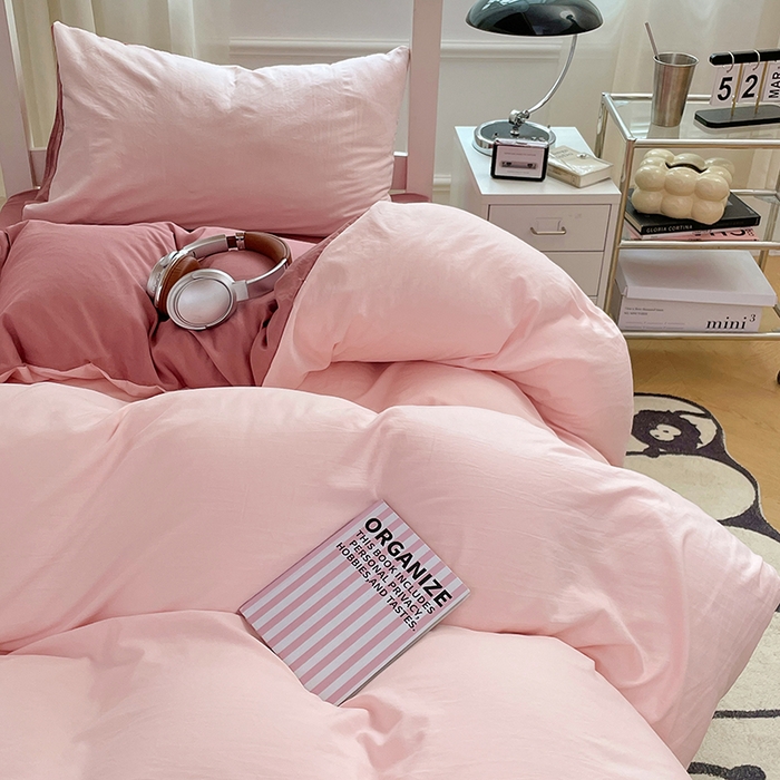 91家纺网 家纺一手货源 找家纺 梦卓家纺 2025新款学生宿舍上下铺纯色水洗棉三件套 水粉藕粉