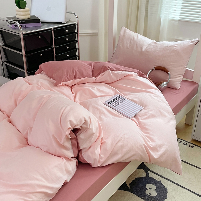 91家纺网 家纺一手货源 找家纺 梦卓家纺 2025新款学生宿舍上下铺纯色水洗棉三件套 水粉藕粉